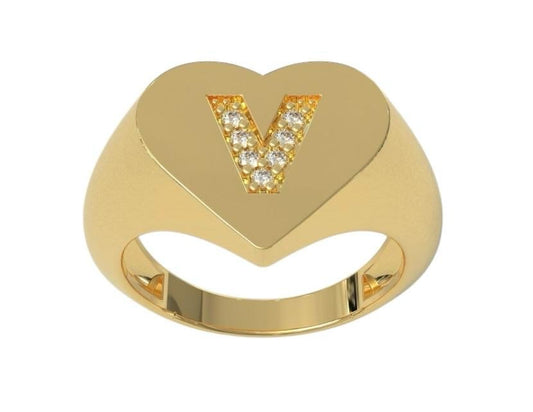 14k Diamond Initial Signet Ring - PrettynGoldd