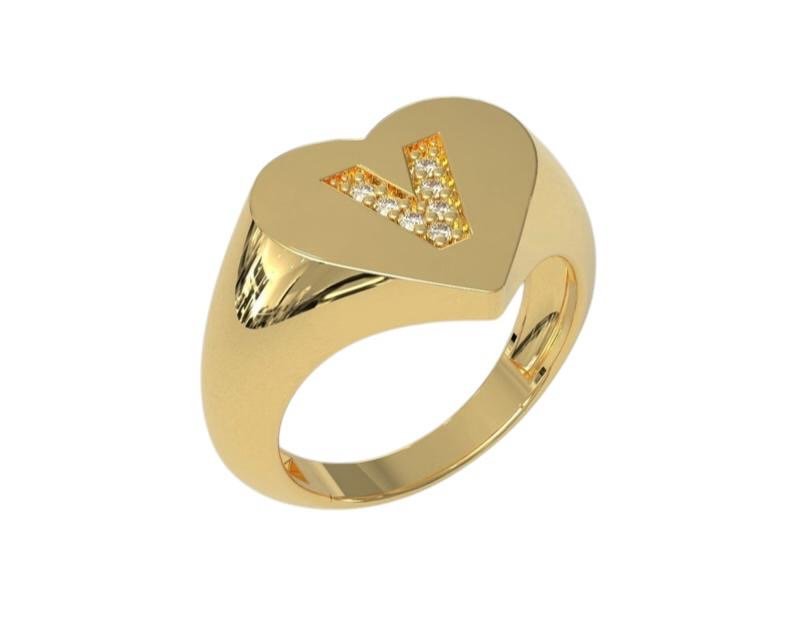 14k Diamond Initial Signet Ring - PrettynGoldd